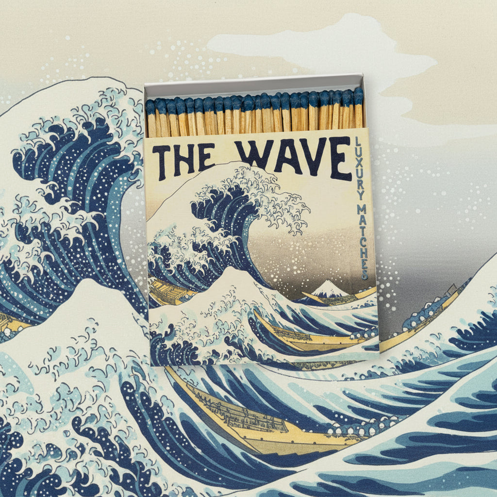 Matches box with 'The Wave' design and text 'Luxury Matches'.